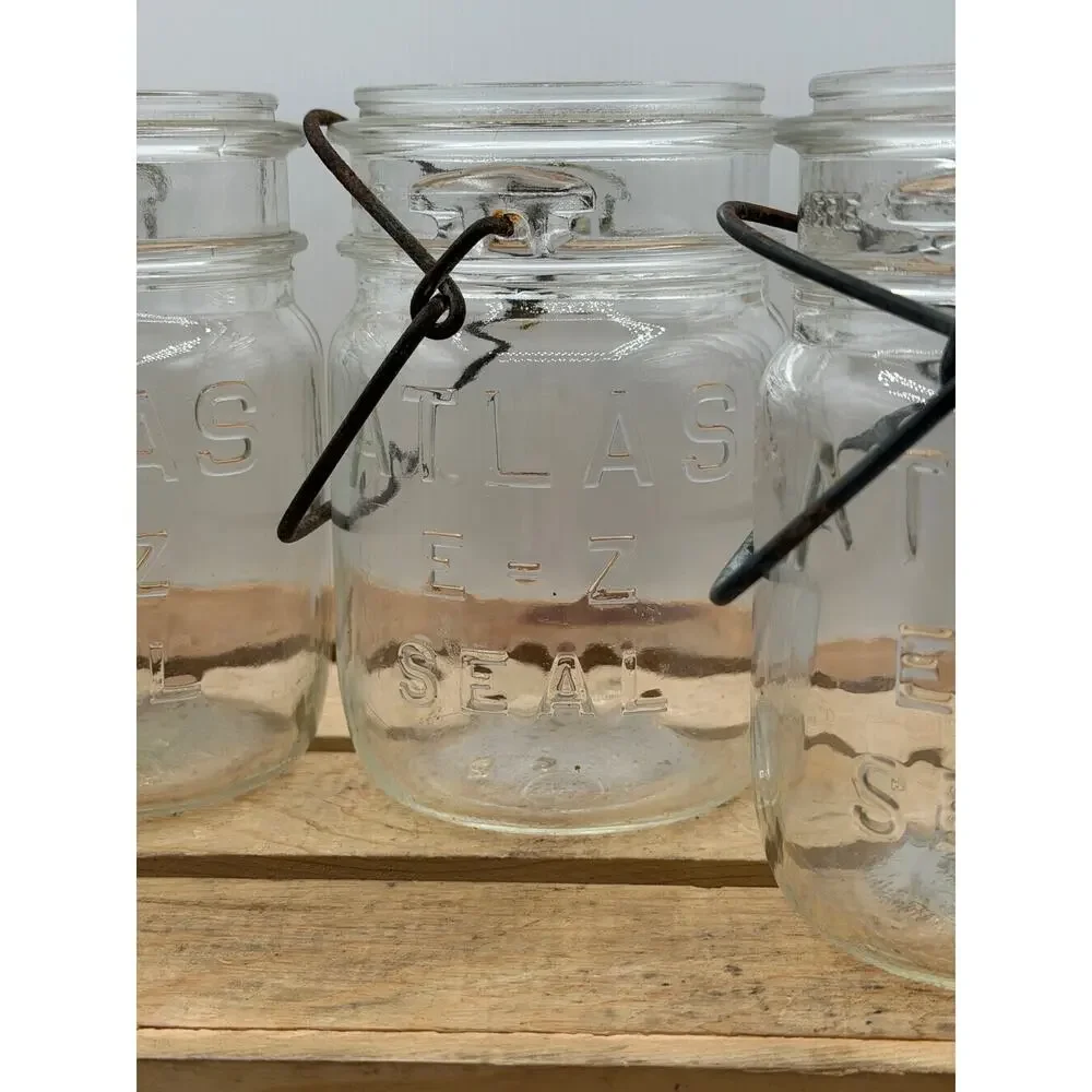 Vintage Atlas E-Z Seal Pint Mason Jars with Wire Bails (Set of 4, No Lids)- 5.5”